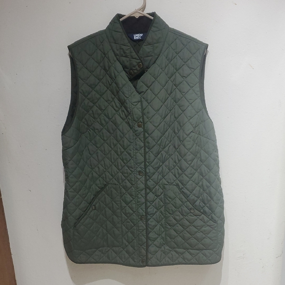 Lands' End Long Olive Quilted Vest 1X NWOT